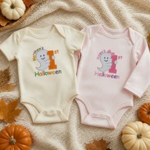 Personalized Baby Bodysuit First Halloween Gift for Grandkids – Embroidered Name with Cute Ghost One-Piece