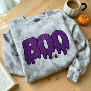 Spooky Season BOO Halloween Dripping Sweatshirt, Embroidered Glitter Crewneck, Trick Treat Party Outfit Fall 3 boo halloween sweatshirt 1 embroidered embroly.jpg