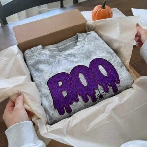 Spooky Season BOO Halloween Dripping Sweatshirt, Embroidered Glitter Crewneck, Trick Treat Party Outfit Fall 5 boo halloween sweatshirt 4 embroidered embroly.jpg