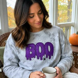 Spooky Season BOO Halloween Dripping Sweatshirt, Embroidered Glitter Crewneck, Trick Treat Party Outfit Fall 6 boo halloween sweatshirt 5 embroidered embroly.jpg