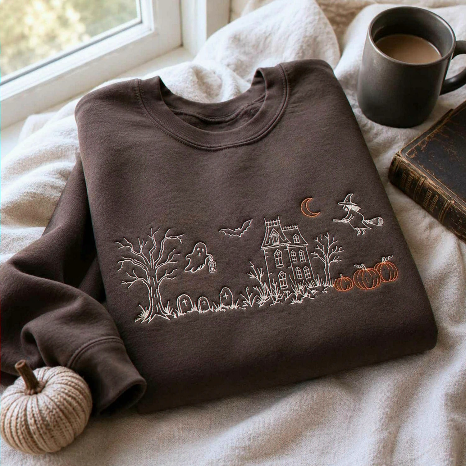 Haunted Manor Sweatshirt, Embroidered Halloween Crewneck, Gothic Autumn Pullover Haunted Manor Sweatshirt, Embroidered Halloween Crewneck, Gothic Autumn Pullover
