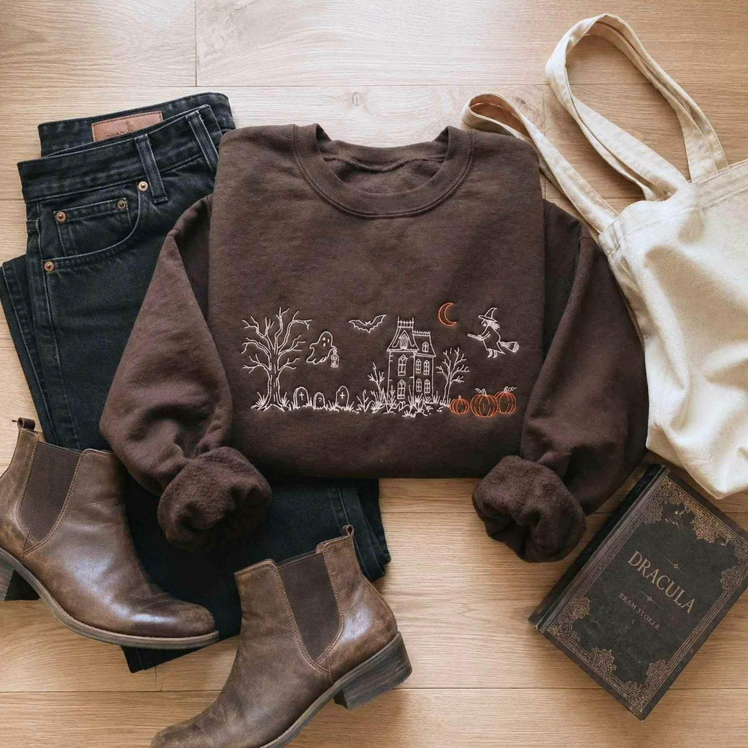Haunted Manor Sweatshirt, Embroidered Halloween Crewneck, Gothic Autumn Pullover Haunted Manor Sweatshirt, Embroidered Halloween Crewneck, Gothic Autumn Pullover