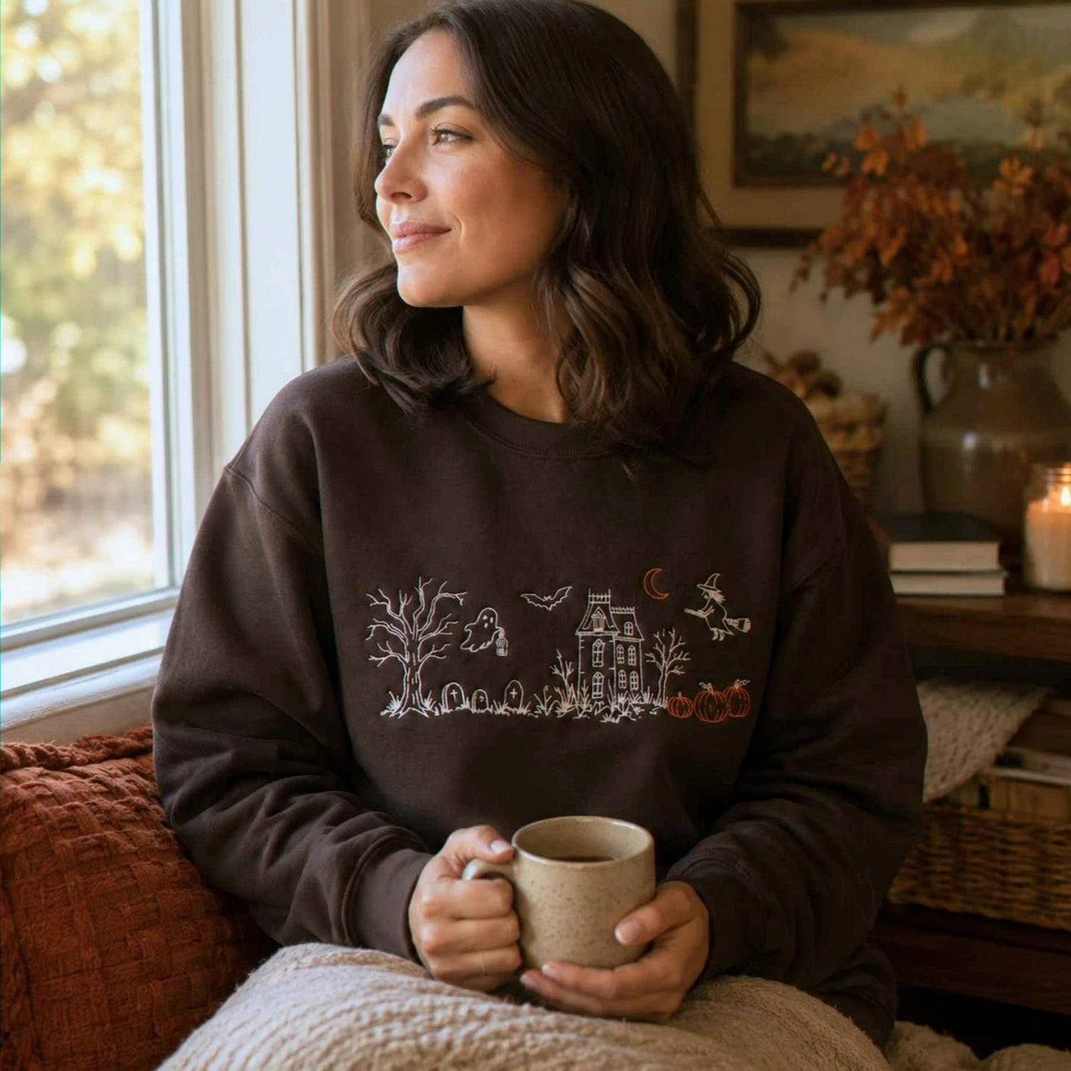 Haunted Manor Sweatshirt, Embroidered Halloween Crewneck, Gothic Autumn Pullover Haunted Manor Sweatshirt, Embroidered Halloween Crewneck, Gothic Autumn Pullover