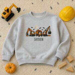 Personalized Construction Halloween Kid Sweatshirt – Embroidered Boys Name with Pumpkin Truck Sweater