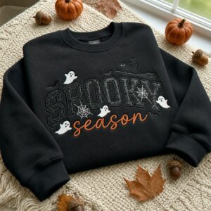 Spooky Season Glitter Applique Kids Sweatshirt – Embroidered Halloween Black Cat & Bat Sweater, Autumn Gift
