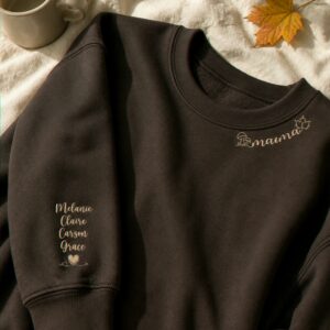 Custom Autumn Mama Sweatshirt – Embroidered Collar with Fall Icons, Cozy Season Gift for Mom Grandma Auntie