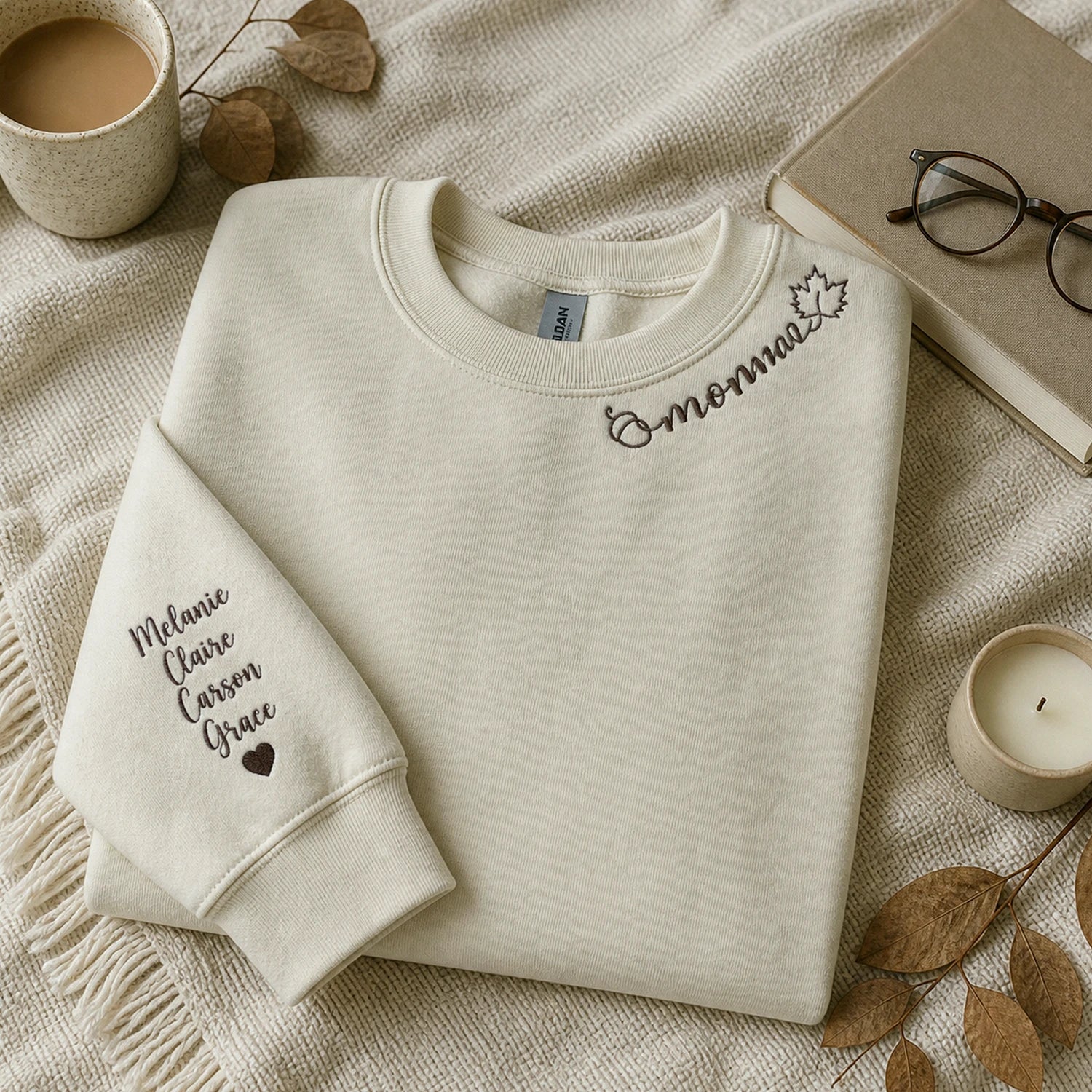Custom Autumn Mama Sweatshirt – Embroidered Collar with Fall Icons, Cozy Season Gift for Mom Grandma Auntie Custom Autumn Mama Sweatshirt – Embroidered Collar with Fall Icons, Cozy Season Gift for Mom Grandma Auntie