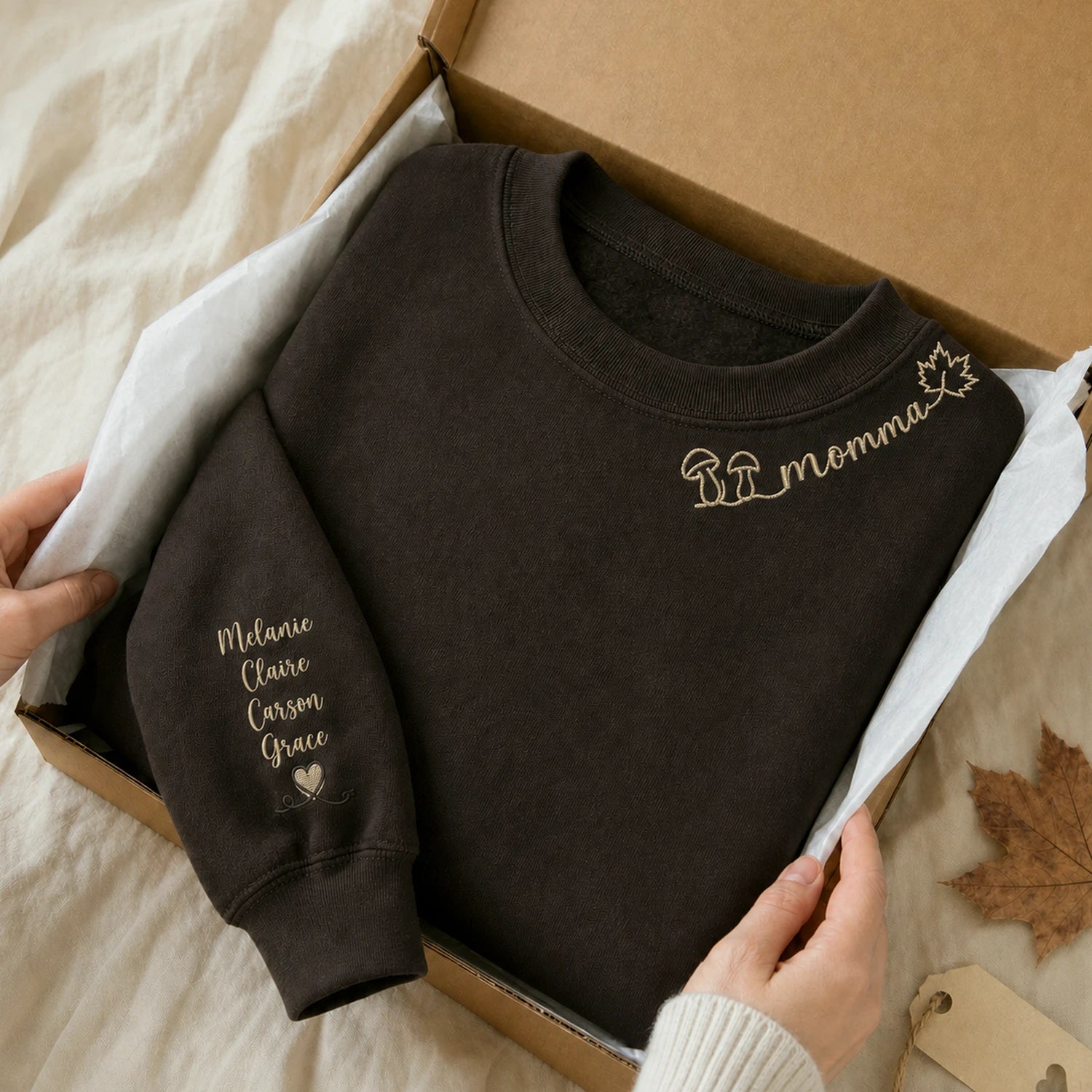 Custom Autumn Mama Sweatshirt – Embroidered Collar with Fall Icons, Cozy Season Gift for Mom Grandma Auntie Custom Autumn Mama Sweatshirt – Embroidered Collar with Fall Icons, Cozy Season Gift for Mom Grandma Auntie