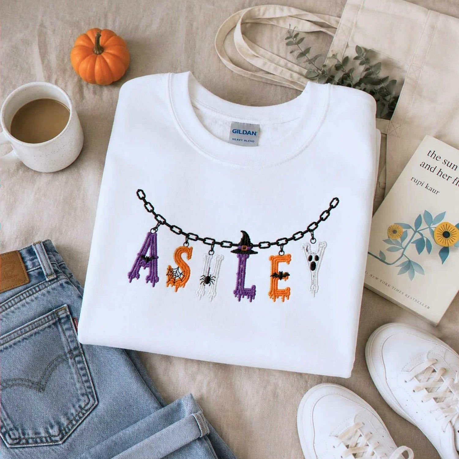 Custom Halloween Name Sweatshirt, Embroidered Spooky Name Crewneck, Halloween Charm Fall Gift Custom Halloween Name Sweatshirt, Embroidered Spooky Name Crewneck, Halloween Charm Fall Gift