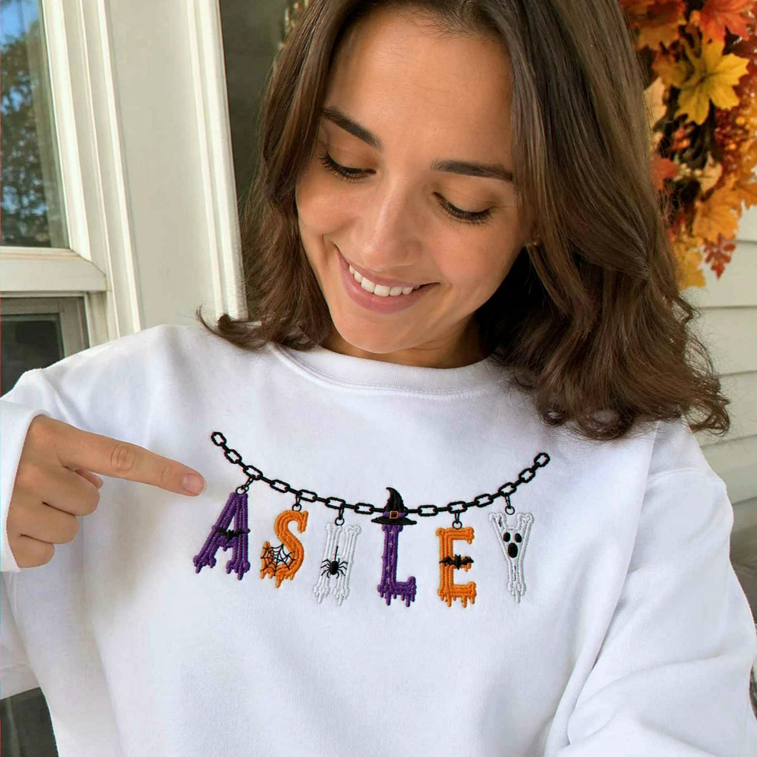 Custom Halloween Name Sweatshirt, Embroidered Spooky Name Crewneck, Halloween Charm Fall Gift Custom Halloween Name Sweatshirt, Embroidered Spooky Name Crewneck, Halloween Charm Fall Gift