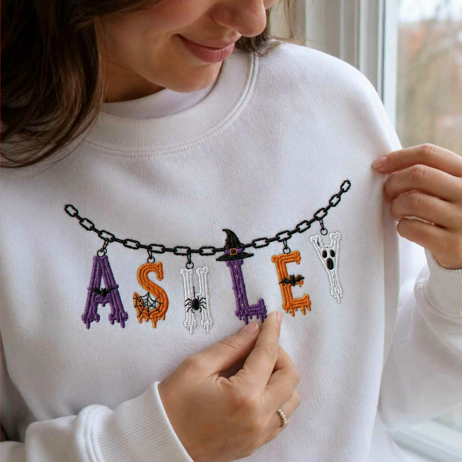 Custom Halloween Name Sweatshirt, Embroidered Spooky Name Crewneck, Halloween Charm Fall Gift Custom Halloween Name Sweatshirt, Embroidered Spooky Name Crewneck, Halloween Charm Fall Gift