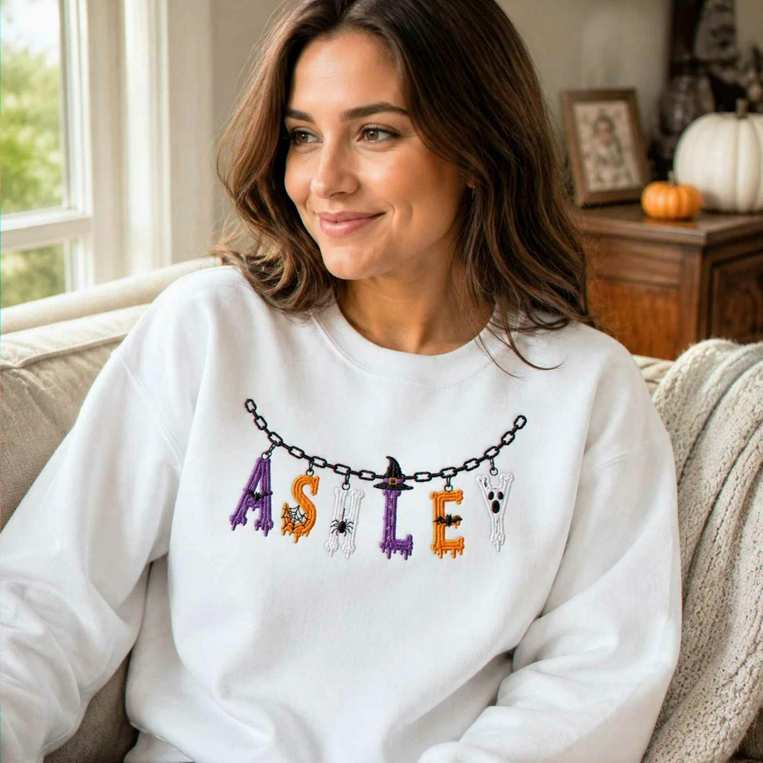 Custom Halloween Name Sweatshirt, Embroidered Spooky Name Crewneck, Halloween Charm Fall Gift Custom Halloween Name Sweatshirt, Embroidered Spooky Name Crewneck, Halloween Charm Fall Gift