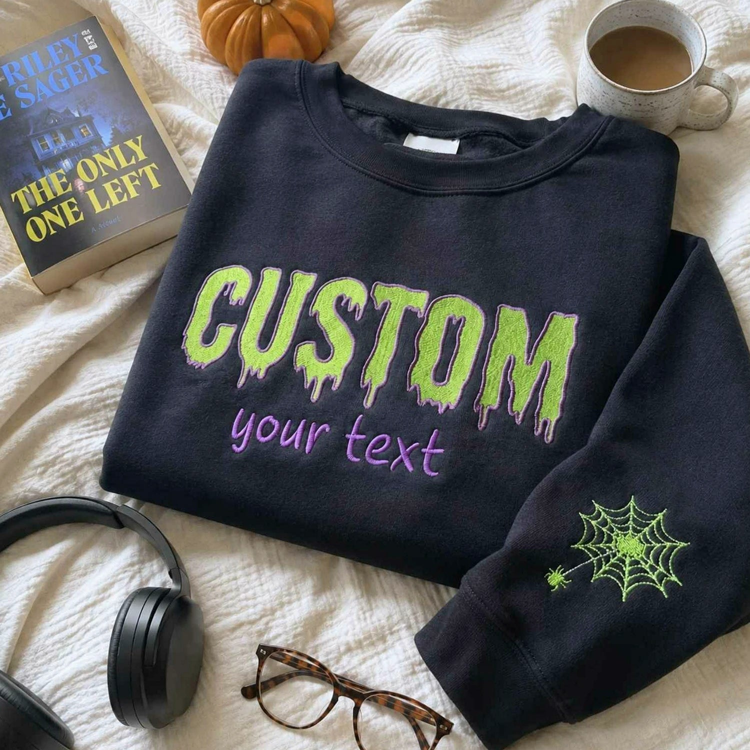 Custom Halloween Text Sweatshirt, Embroidered Spooky Season Crewneck Custom Halloween Text Sweatshirt, Embroidered Spooky Season Crewneck