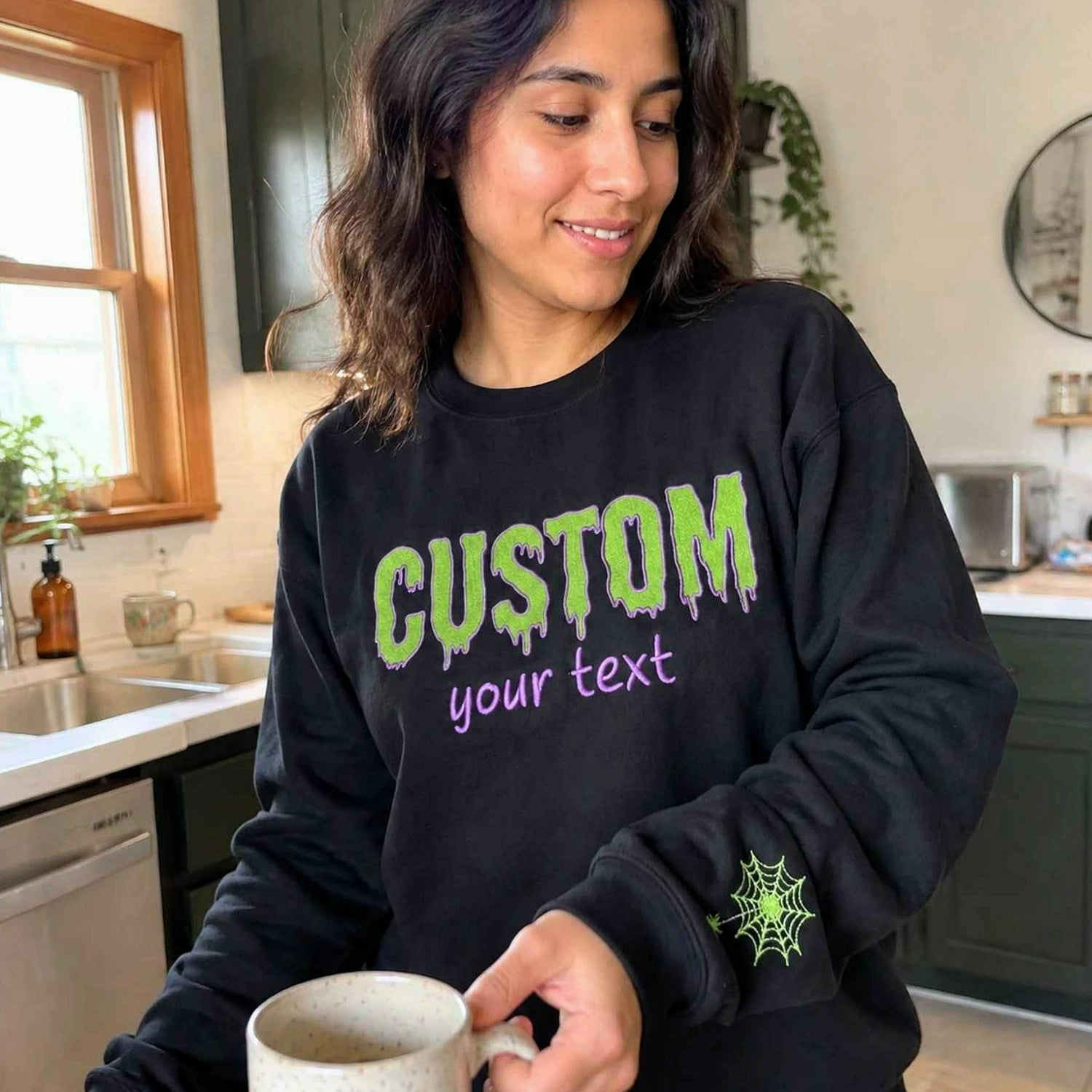 Custom Halloween Text Sweatshirt, Embroidered Spooky Season Crewneck Custom Halloween Text Sweatshirt, Embroidered Spooky Season Crewneck