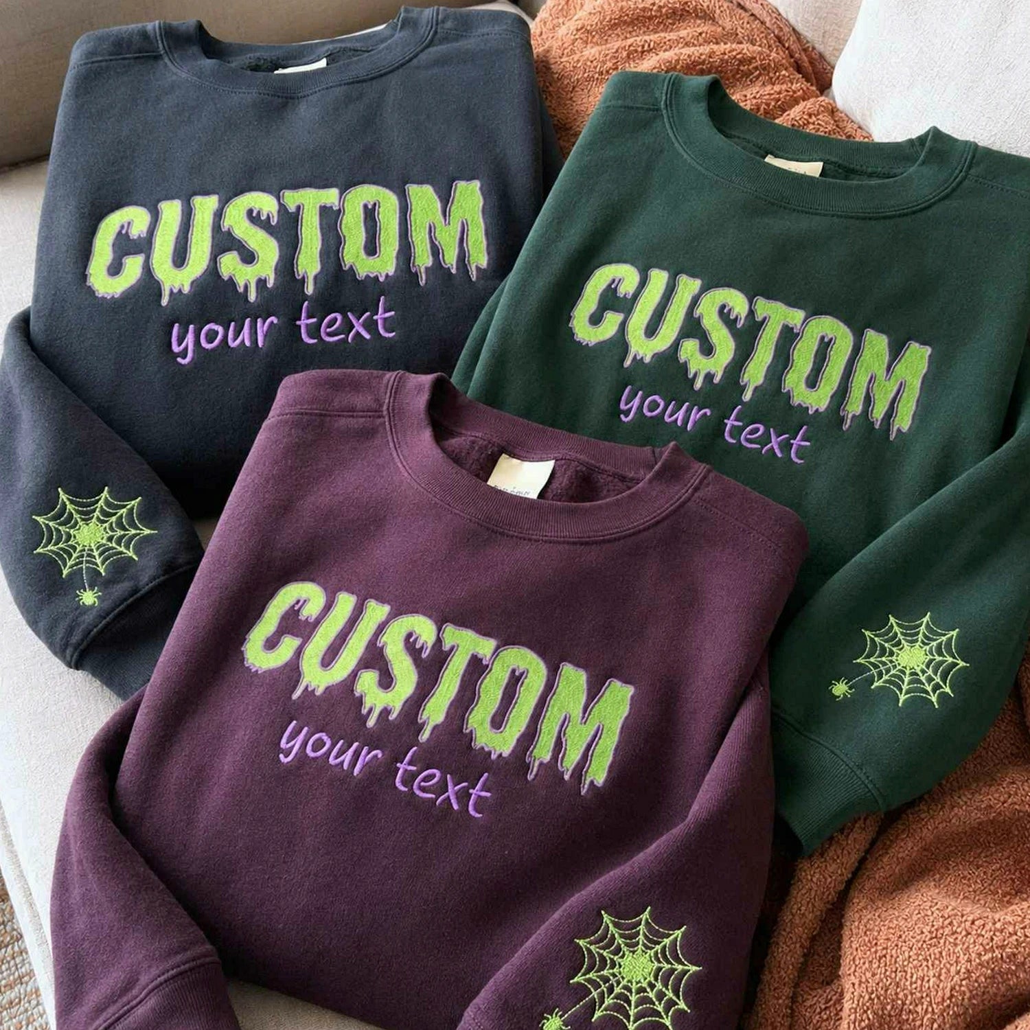 Custom Halloween Text Sweatshirt, Embroidered Spooky Season Crewneck Custom Halloween Text Sweatshirt, Embroidered Spooky Season Crewneck