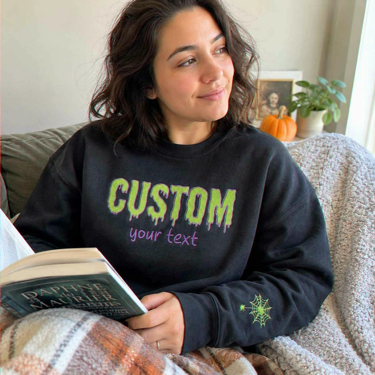 Custom Halloween Text Sweatshirt, Embroidered Spooky Season Crewneck Custom Halloween Text Sweatshirt, Embroidered Spooky Season Crewneck
