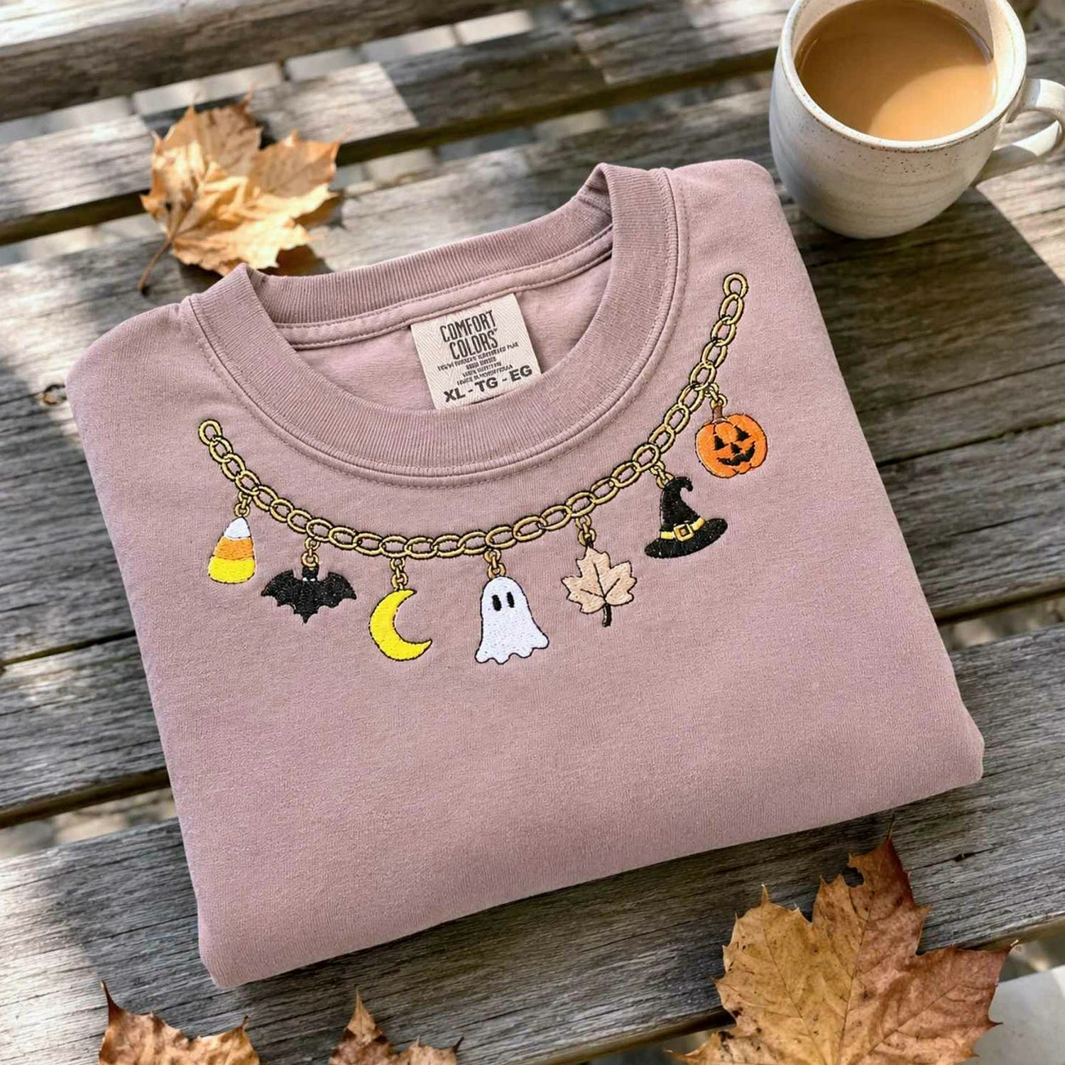 Fall Chain Necklace Halloween Sweatshirt, Embroidered Pumpkin Charm Crewneck, Witchy Halloween Gift Fall Chain Necklace Halloween Sweatshirt, Embroidered Pumpkin Charm Crewneck, Witchy Halloween Gift