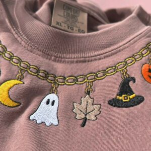 Fall Chain Necklace Halloween Sweatshirt, Embroidered Pumpkin Charm Crewneck, Witchy Halloween Gift 1 charm halloween sweatshirt 3 embroidered embroly.jpg