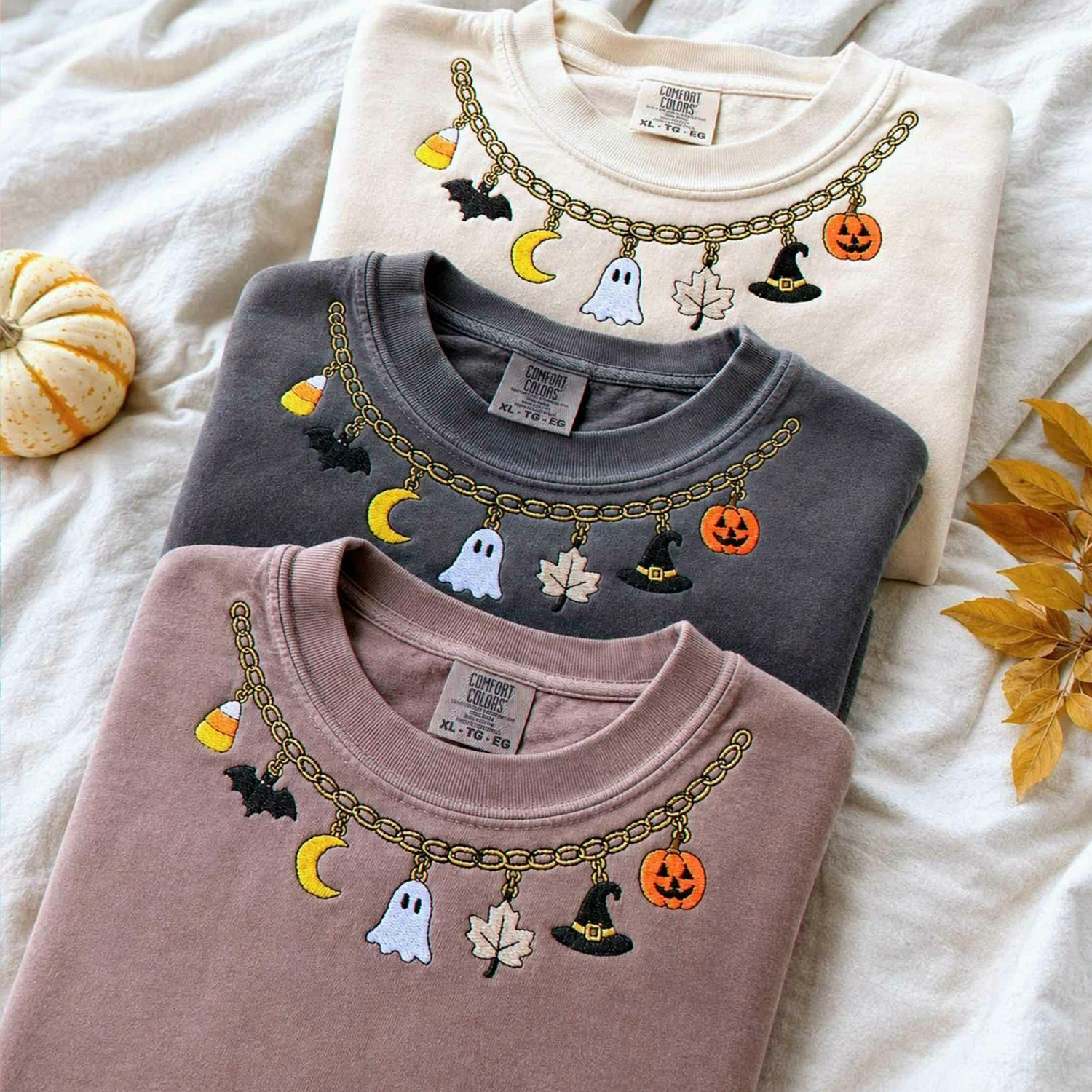 Fall Chain Necklace Halloween Sweatshirt, Embroidered Pumpkin Charm Crewneck, Witchy Halloween Gift Fall Chain Necklace Halloween Sweatshirt, Embroidered Pumpkin Charm Crewneck, Witchy Halloween Gift