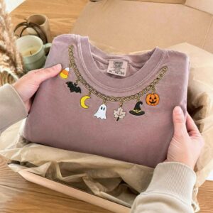 Fall Chain Necklace Halloween Sweatshirt, Embroidered Pumpkin Charm Crewneck, Witchy Halloween Gift 3 charm halloween sweatshirt 4 embroidered embroly.jpg