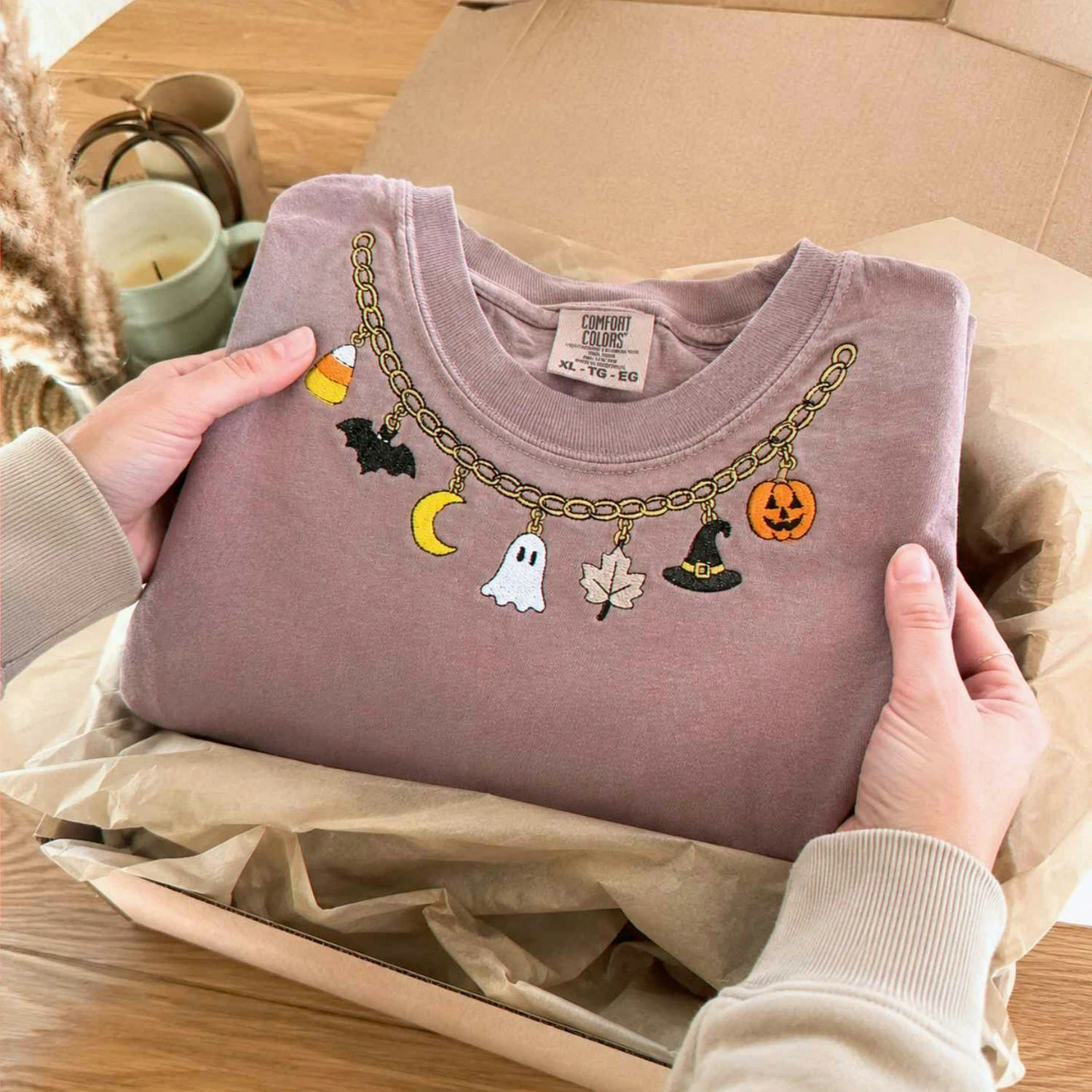 Fall Chain Necklace Halloween Sweatshirt, Embroidered Pumpkin Charm Crewneck, Witchy Halloween Gift Fall Chain Necklace Halloween Sweatshirt, Embroidered Pumpkin Charm Crewneck, Witchy Halloween Gift