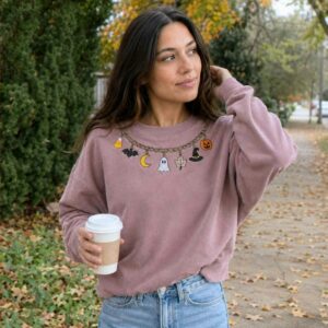 Fall Chain Necklace Halloween Sweatshirt, Embroidered Pumpkin Charm Crewneck, Witchy Halloween Gift 5 charm halloween sweatshirt 8 embroidered embroly.jpg