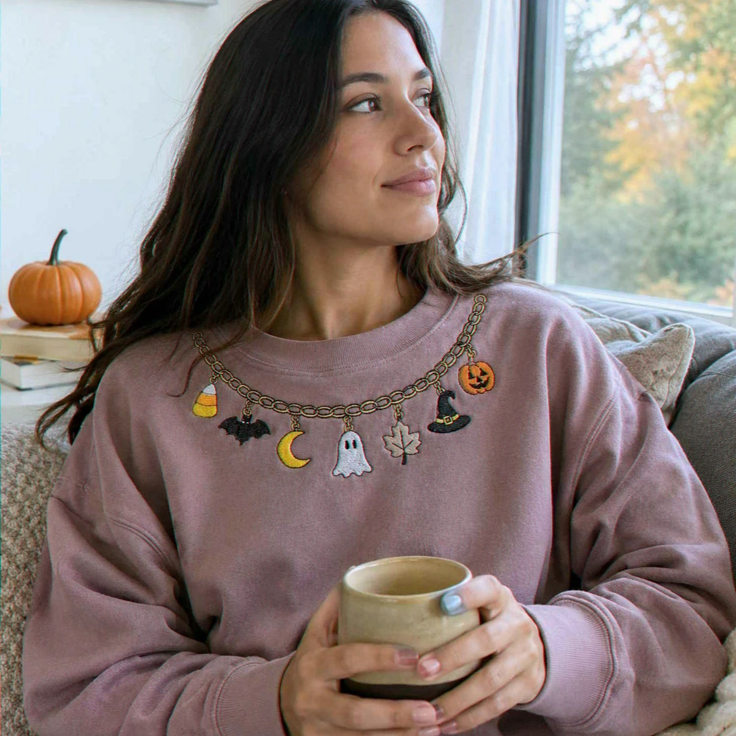 Fall Chain Necklace Halloween Sweatshirt, Embroidered Pumpkin Charm Crewneck, Witchy Halloween Gift Fall Chain Necklace Halloween Sweatshirt, Embroidered Pumpkin Charm Crewneck, Witchy Halloween Gift