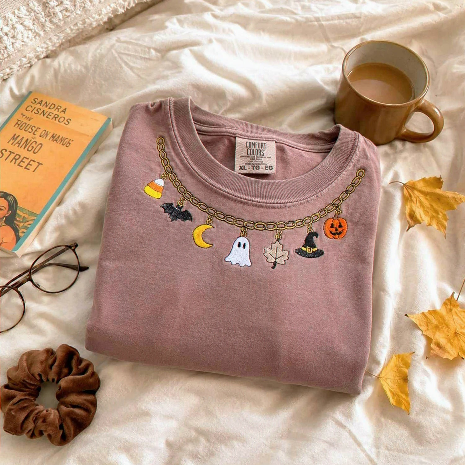 Fall Chain Necklace Halloween Sweatshirt, Embroidered Pumpkin Charm Crewneck, Witchy Halloween Gift Fall Chain Necklace Halloween Sweatshirt, Embroidered Pumpkin Charm Crewneck, Witchy Halloween Gift