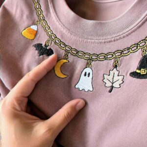 Fall Chain Necklace Halloween Sweatshirt, Embroidered Pumpkin Charm Crewneck, Witchy Halloween Gift 8 charm halloween sweatshirt 6 embroidered embroly.jpg