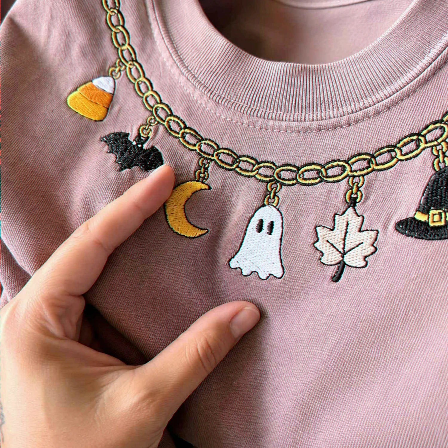 Fall Chain Necklace Halloween Sweatshirt, Embroidered Pumpkin Charm Crewneck, Witchy Halloween Gift Fall Chain Necklace Halloween Sweatshirt, Embroidered Pumpkin Charm Crewneck, Witchy Halloween Gift