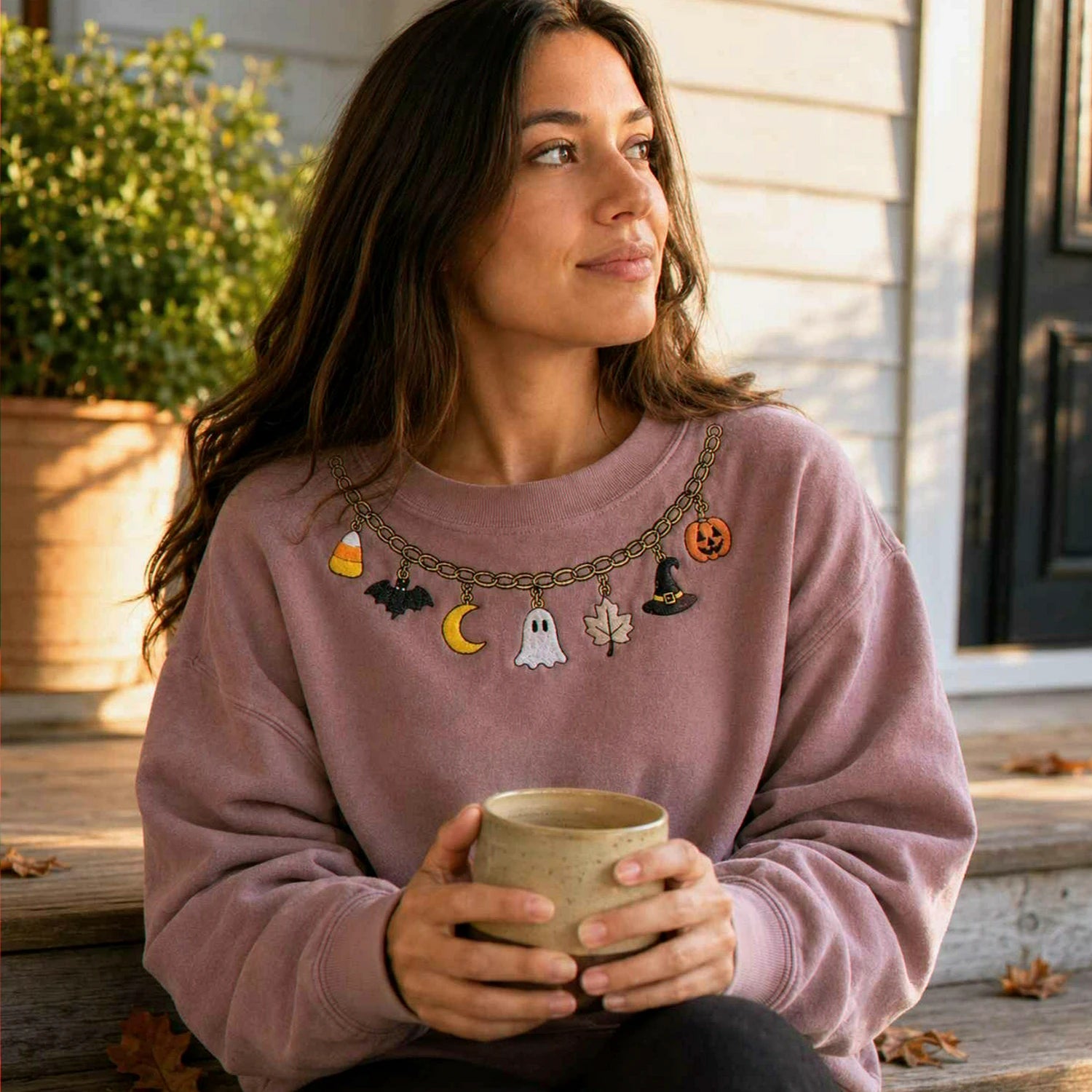 Fall Chain Necklace Halloween Sweatshirt, Embroidered Pumpkin Charm Crewneck, Witchy Halloween Gift Fall Chain Necklace Halloween Sweatshirt, Embroidered Pumpkin Charm Crewneck, Witchy Halloween Gift