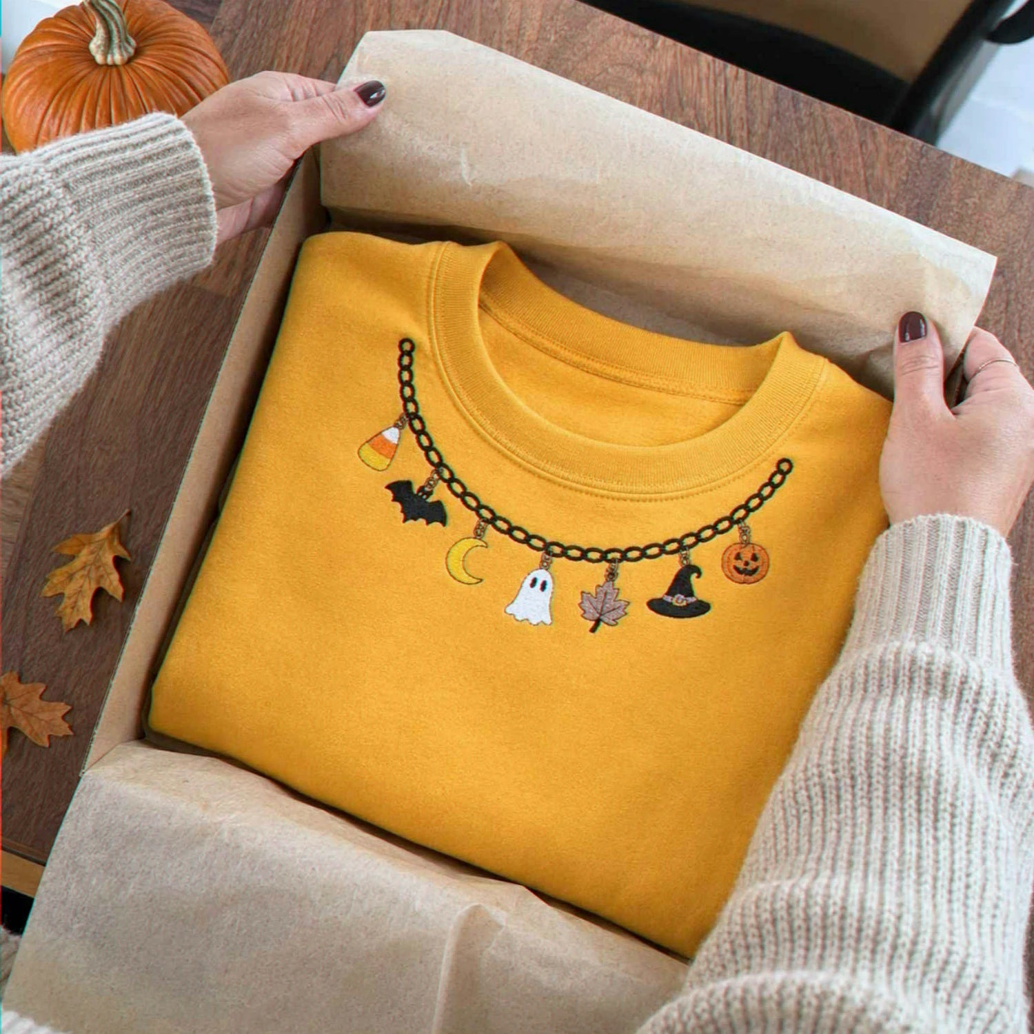 Spooky Season Halloween Necklace Sweatshirt, Embroidered Ghost Pumpkin Crewneck, Women Fall Shirt Spooky Season Halloween Necklace Sweatshirt, Embroidered Ghost Pumpkin Crewneck, Women Fall Shirt
