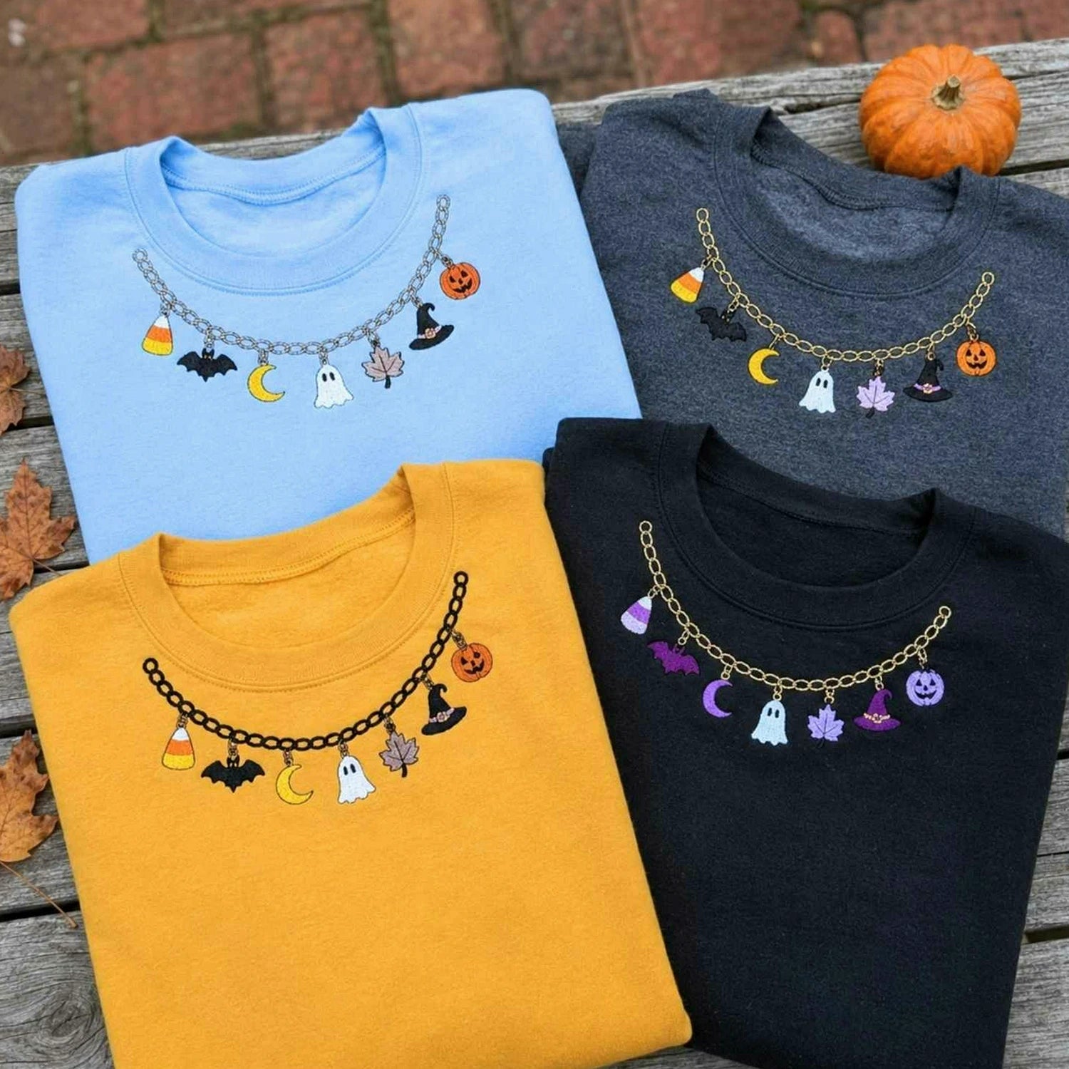Spooky Season Halloween Necklace Sweatshirt, Embroidered Ghost Pumpkin Crewneck, Women Fall Shirt Spooky Season Halloween Necklace Sweatshirt, Embroidered Ghost Pumpkin Crewneck, Women Fall Shirt