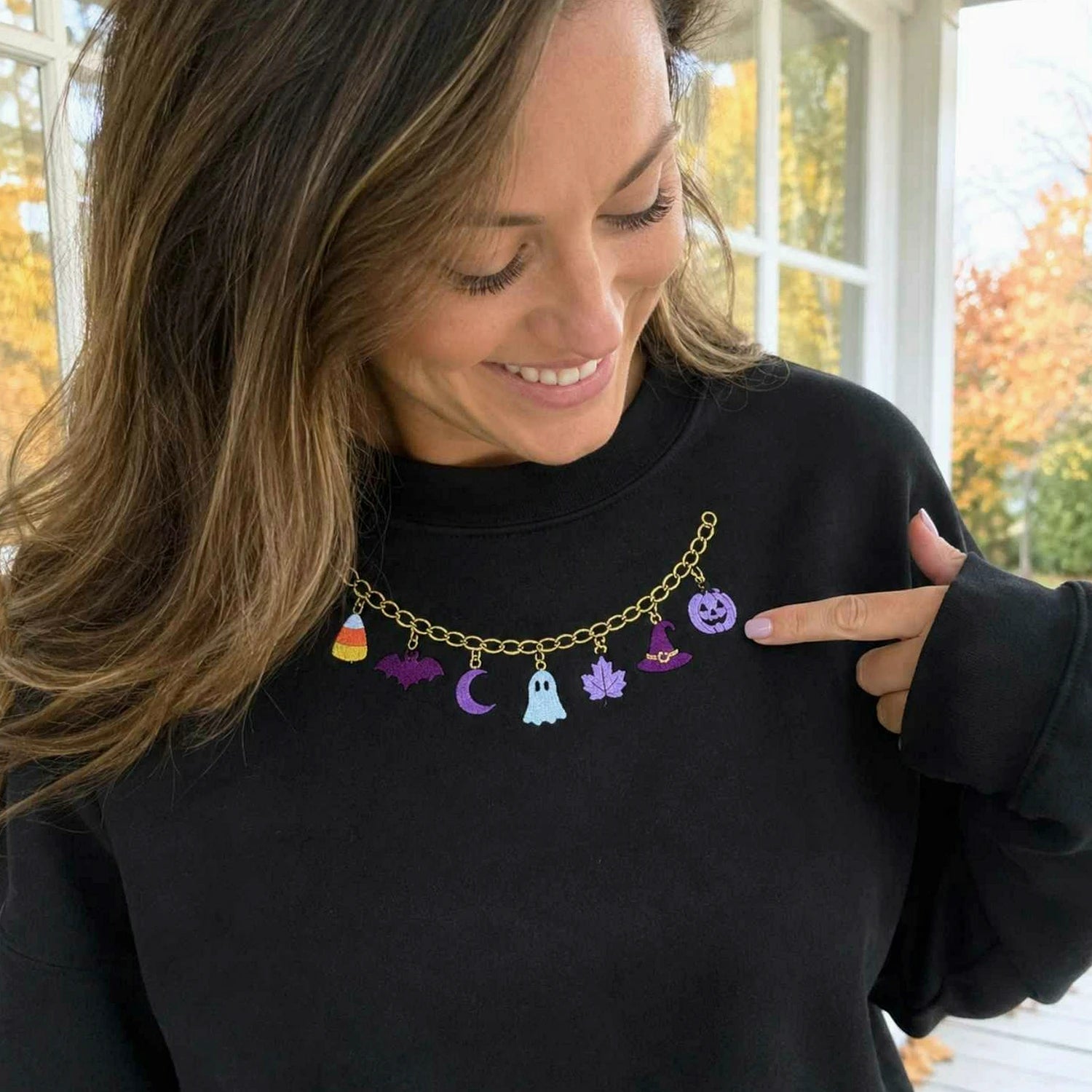 Spooky Season Halloween Necklace Sweatshirt, Embroidered Ghost Pumpkin Crewneck, Women Fall Shirt Spooky Season Halloween Necklace Sweatshirt, Embroidered Ghost Pumpkin Crewneck, Women Fall Shirt