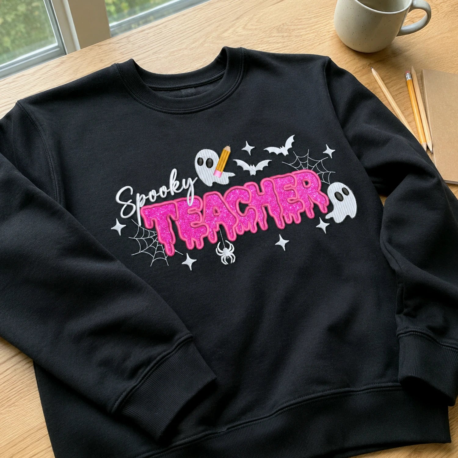 Spooky Teacher Applique Glitter Halloween Sweatshirt, Embroidered Funny Teach Crewneck, Teacher Gift Spooky Teacher Applique Glitter Halloween Sweatshirt, Embroidered Funny Teach Crewneck, Teacher Gift
