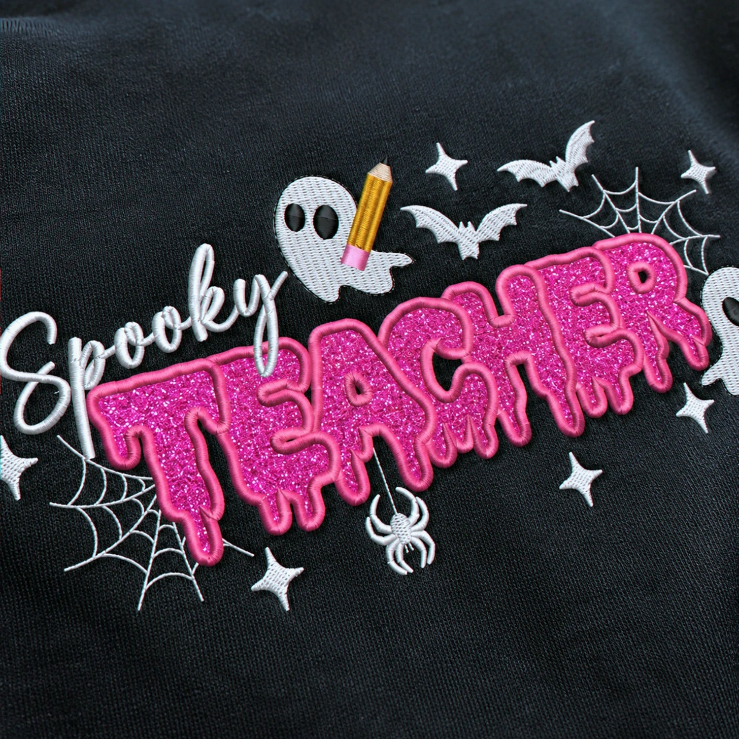 Spooky Teacher Applique Glitter Halloween Sweatshirt, Embroidered Funny Teach Crewneck, Teacher Gift Spooky Teacher Applique Glitter Halloween Sweatshirt, Embroidered Funny Teach Crewneck, Teacher Gift