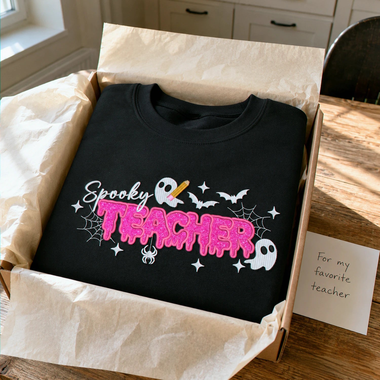 Spooky Teacher Applique Glitter Halloween Sweatshirt, Embroidered Funny Teach Crewneck, Teacher Gift Spooky Teacher Applique Glitter Halloween Sweatshirt, Embroidered Funny Teach Crewneck, Teacher Gift