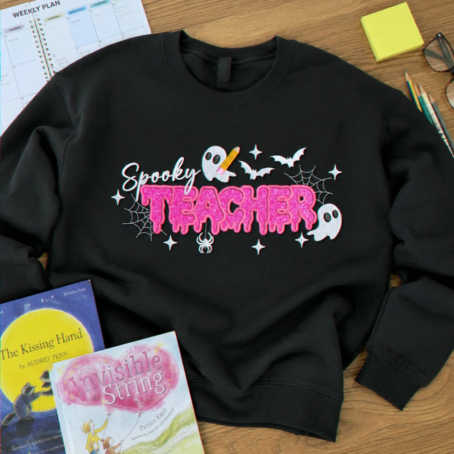 Spooky Teacher Applique Glitter Halloween Sweatshirt, Embroidered Funny Teach Crewneck, Teacher Gift Spooky Teacher Applique Glitter Halloween Sweatshirt, Embroidered Funny Teach Crewneck, Teacher Gift