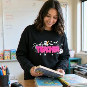 Spooky Teacher Applique Glitter Halloween Sweatshirt, Embroidered Funny Teach Crewneck, Teacher Gift 7 teacher halloween sweatshirt 6 embroidered embroly.jpg