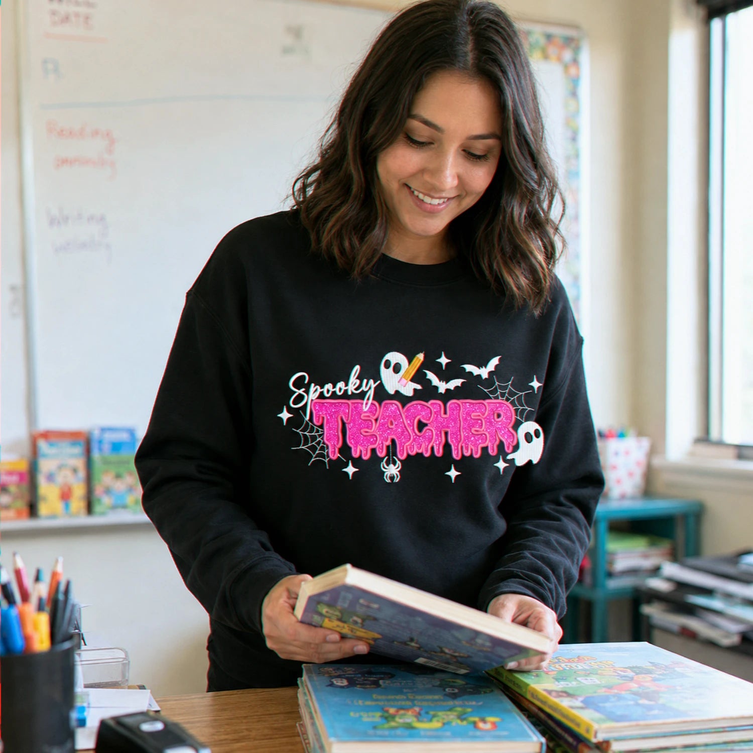 Spooky Teacher Applique Glitter Halloween Sweatshirt, Embroidered Funny Teach Crewneck, Teacher Gift Spooky Teacher Applique Glitter Halloween Sweatshirt, Embroidered Funny Teach Crewneck, Teacher Gift