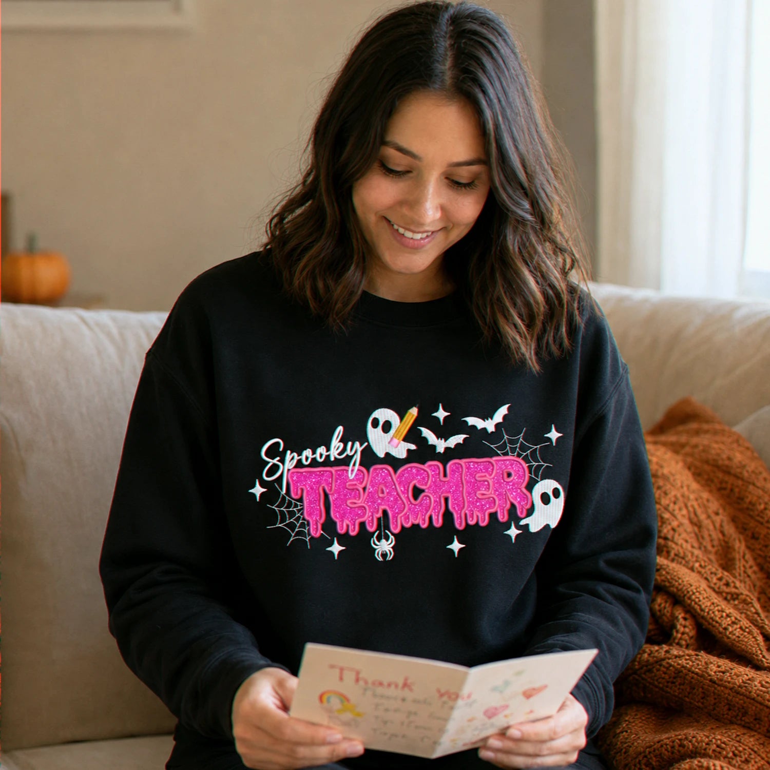 Spooky Teacher Applique Glitter Halloween Sweatshirt, Embroidered Funny Teach Crewneck, Teacher Gift Spooky Teacher Applique Glitter Halloween Sweatshirt, Embroidered Funny Teach Crewneck, Teacher Gift
