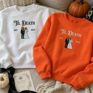 Personalized Matching Bride Groom Halloween Sweatshirt, Embroidered Spooky Til Death Wedding Couple Crewneck
