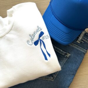 Embroidered Custom Coquette Bow Football Player/Number Crewneck Sweatshirt and T-Shirt