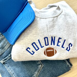 Embroidered Curved Football Mascot Crewneck Sweatshirt and T-Shirt