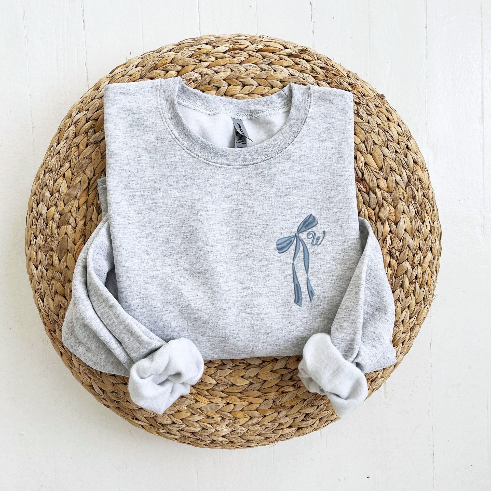 Custom Embroidered Dainty Initial Ribbon Crewneck Sweatshirt Custom Embroidered Dainty Initial Ribbon Crewneck Sweatshirt