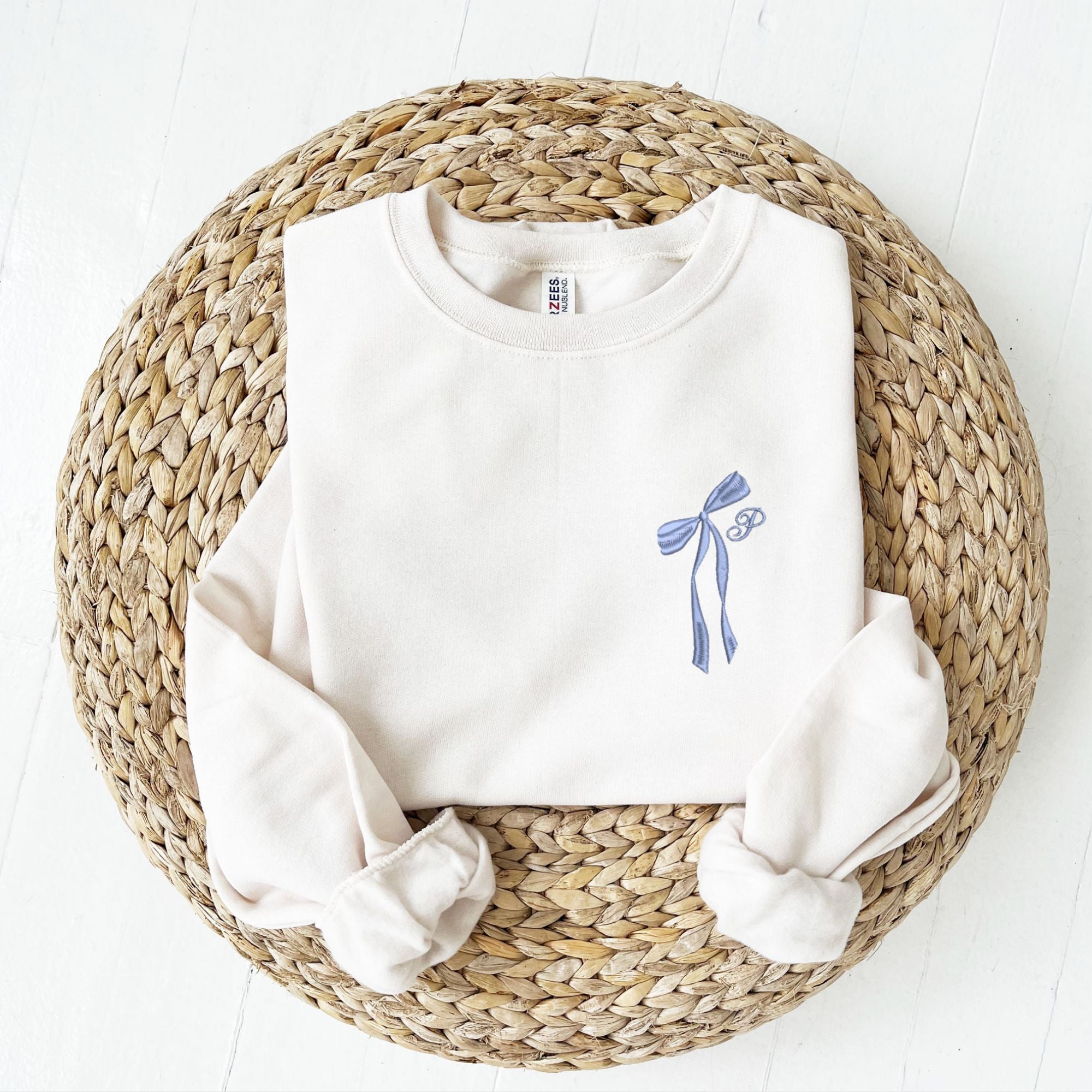 Custom Embroidered Dainty Initial Ribbon Crewneck Sweatshirt Custom Embroidered Dainty Initial Ribbon Crewneck Sweatshirt