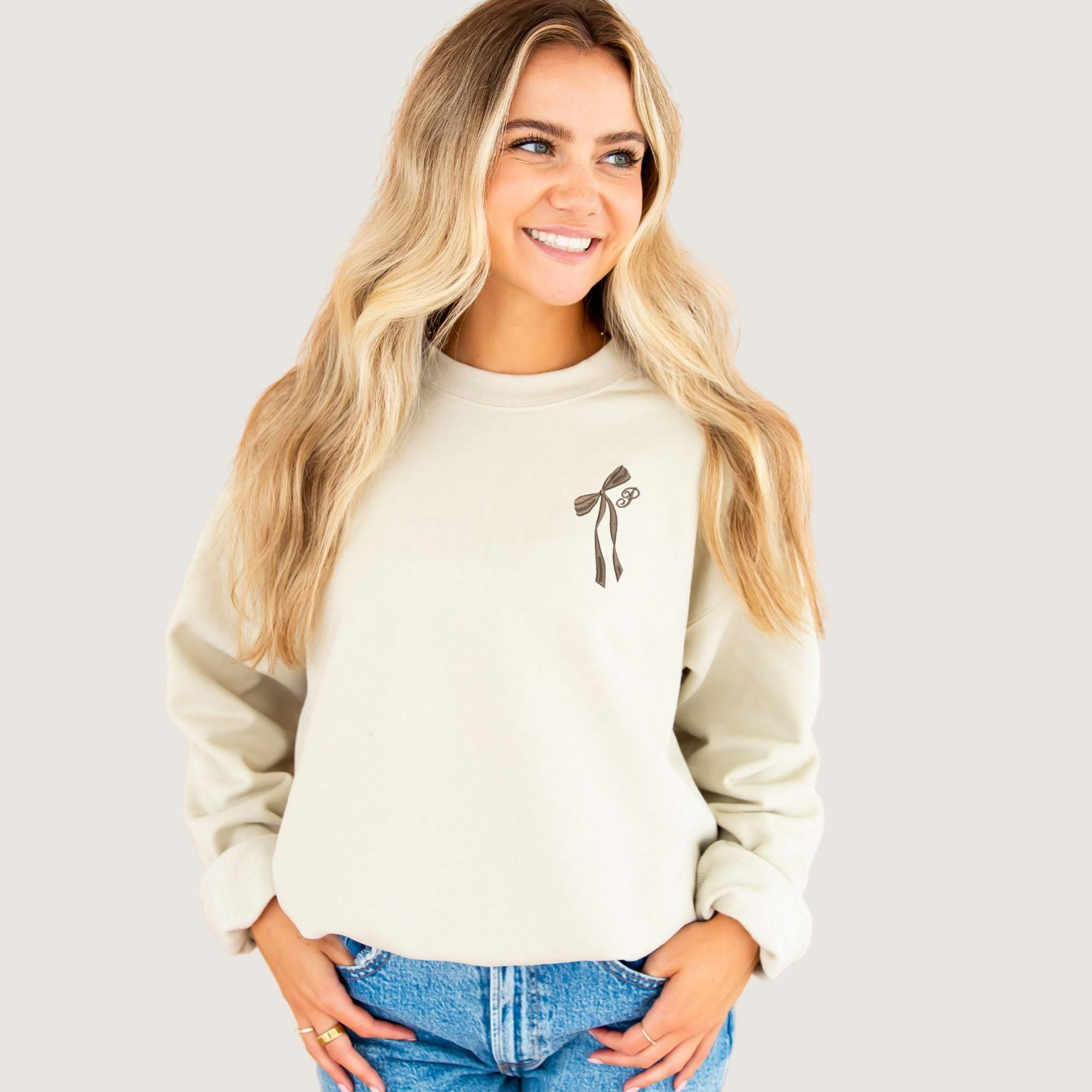 Custom Embroidered Dainty Initial Ribbon Crewneck Sweatshirt Custom Embroidered Dainty Initial Ribbon Crewneck Sweatshirt