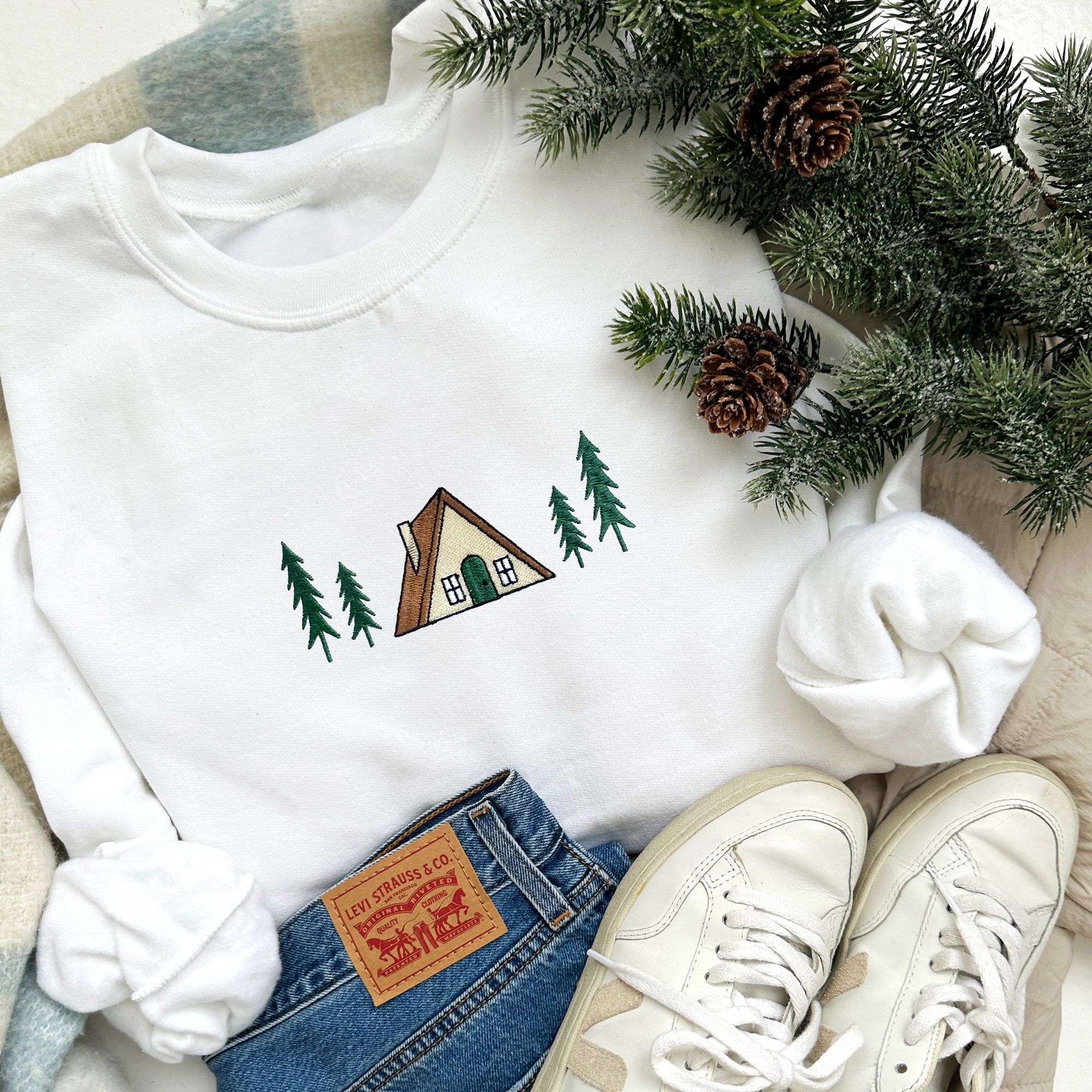 A-Frame Embroidered Winter Cabin Crewneck Sweatshirt A-Frame Embroidered Winter Cabin Crewneck Sweatshirt