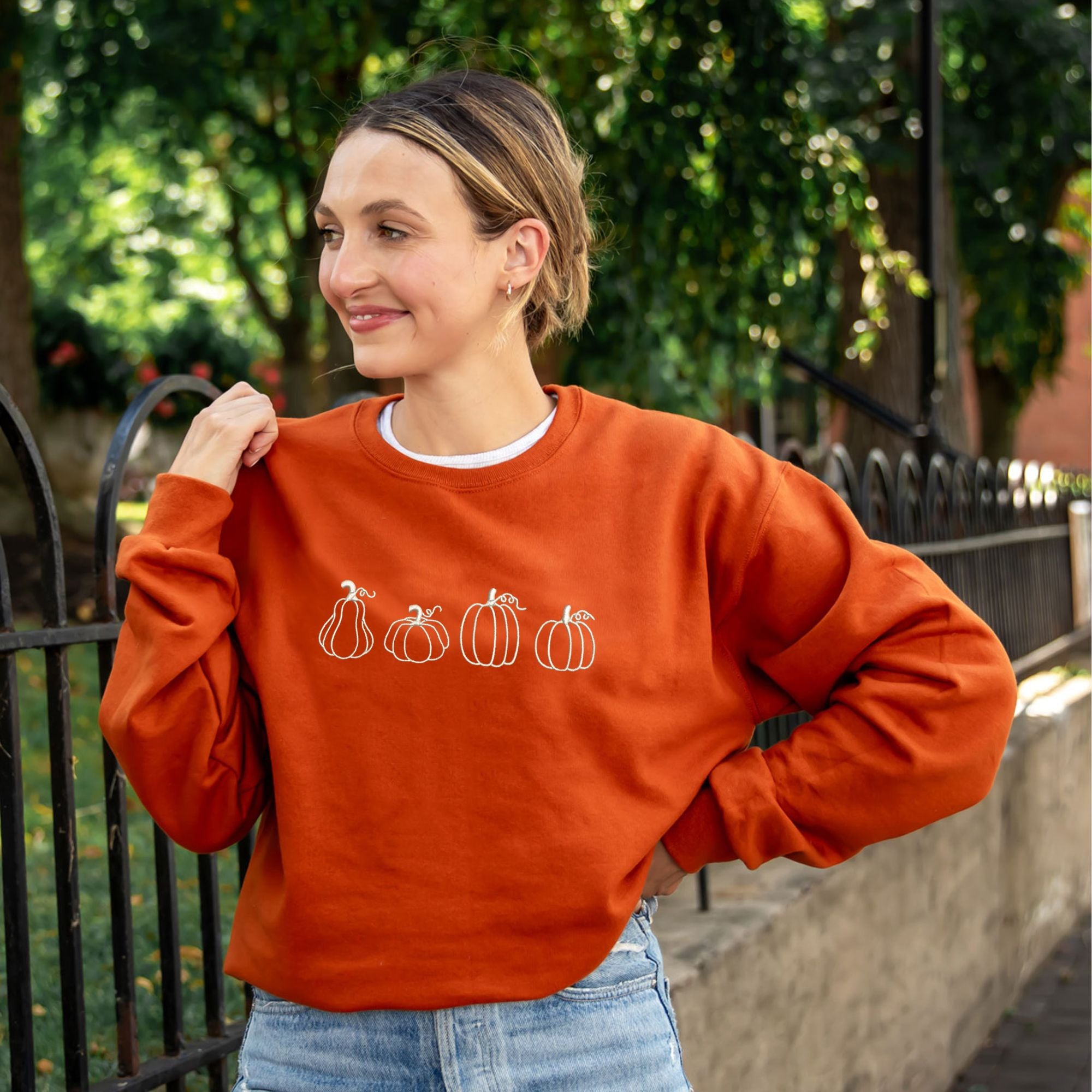 Autumnal Pumpkins Embroidered Crewneck Sweatshirt Autumnal Pumpkins Embroidered Crewneck Sweatshirt