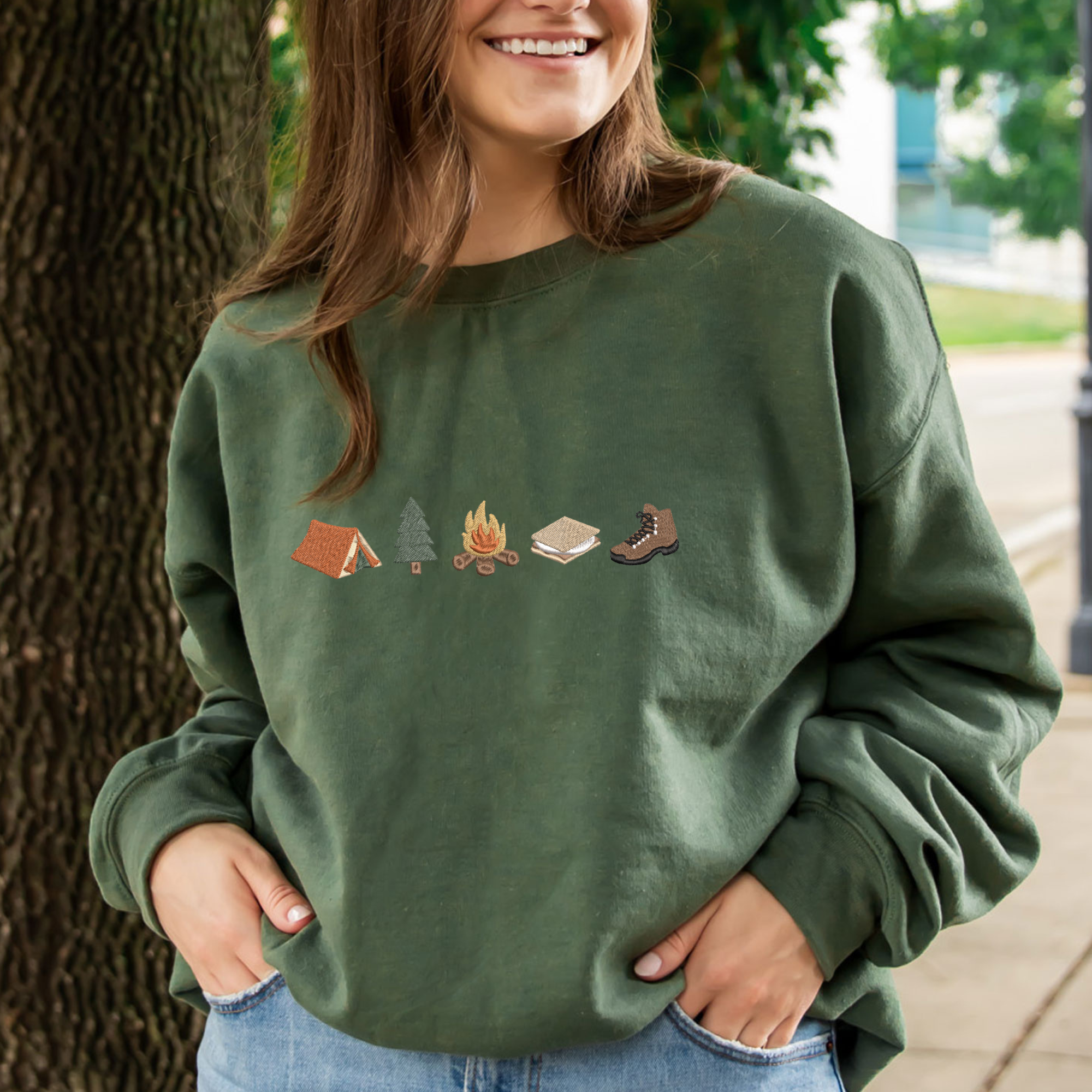 Camping Icons Embroidered Gemma Crewneck Sweatshirt Camping Icons Embroidered Gemma Crewneck Sweatshirt